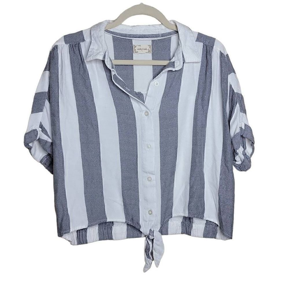 Sandy & Sid Button Front Cropped Stripe Short Sleeve Blouse Gray White Large